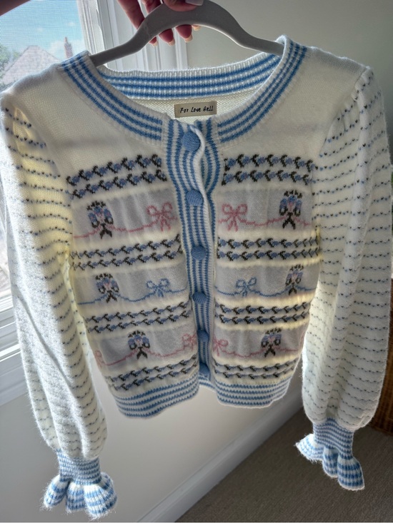 For Love Bell Sweaters - For Love Ball White & Light Blue Floral Knit Cardigan